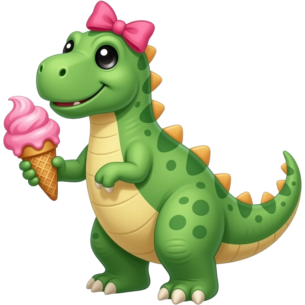 dinosaur holding a pink ice cream with a bow on its head with heart eyes emoji