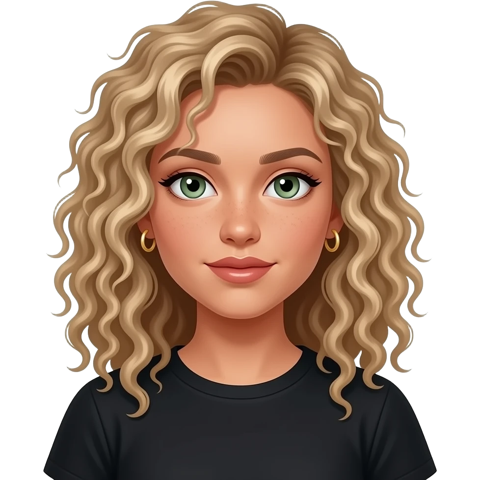 Create a fair girl with super curly hair and sage green eyes and curly dirty blonde hair, and give her gold small hoop earrings, curlier hair, and give her some lip gloss, and give her a black t shirt emoji