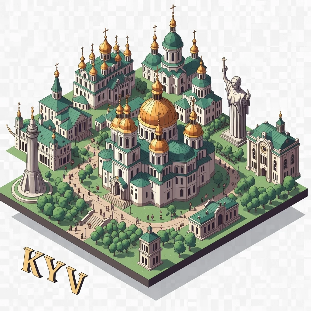 Isometric illustration of Kyiv, featuring Saint Sophia Cathedral with golden domes, balanced between stylized and realistic, 3D miniature effect, transparent background. emoji