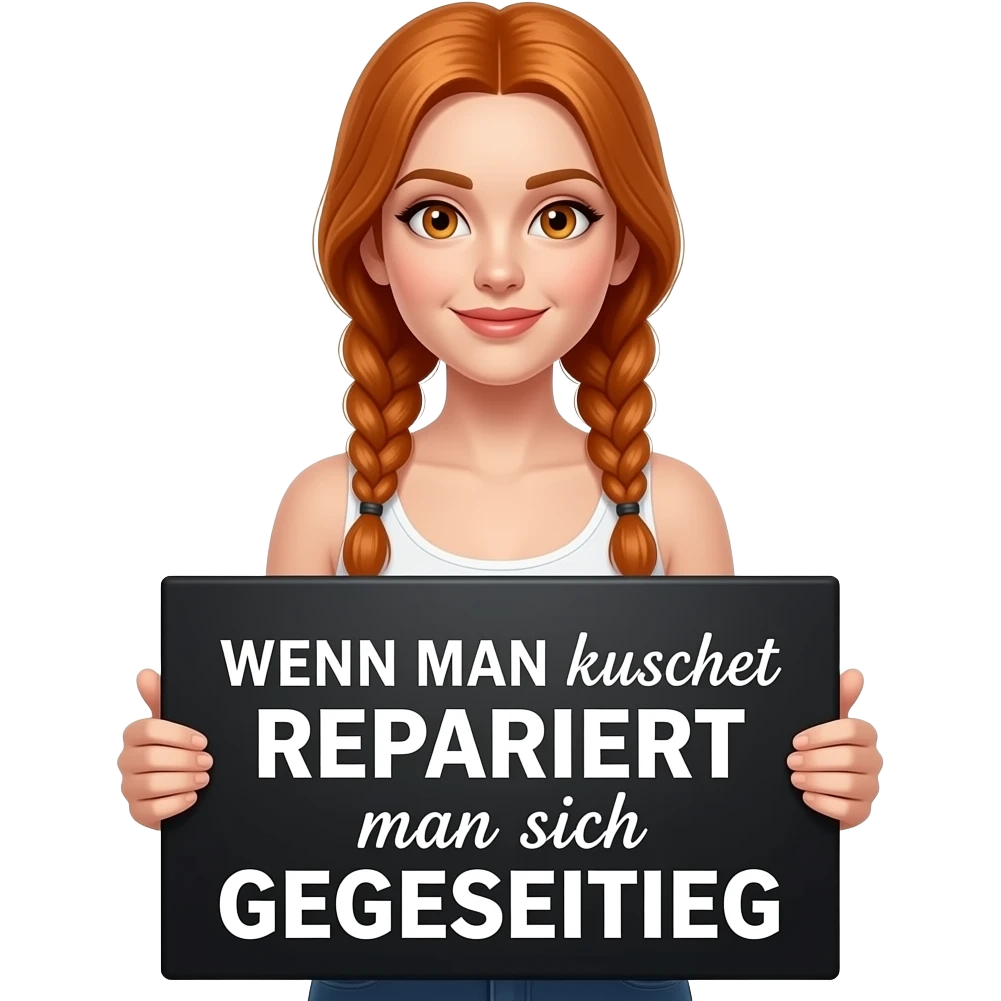 sexy girl with long ginger braids and ginger eyes wearing a white tanktop is holding a big black sign with WENN MAN kuschelt REPARIERT man sich GEGENSEITIG written on it emoji