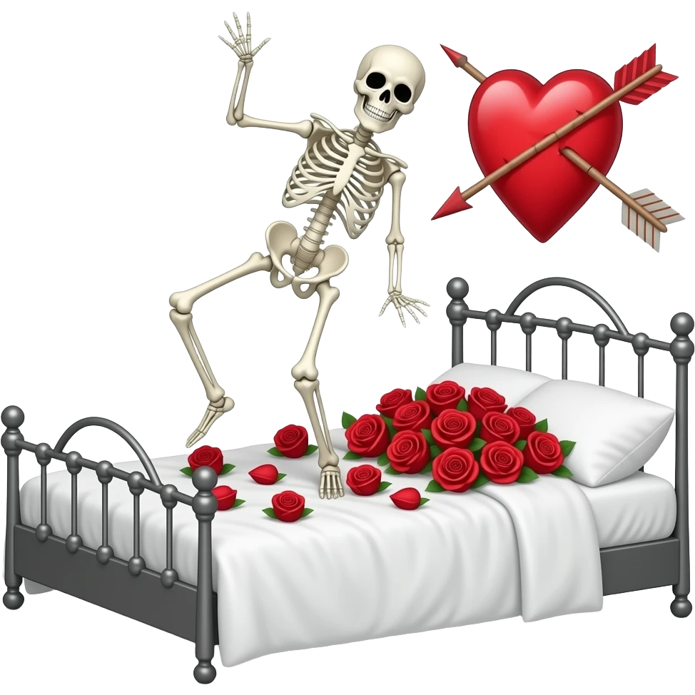Skeleton dancing on a bed of red roses with a heart with an arrow piercing it as background emoji