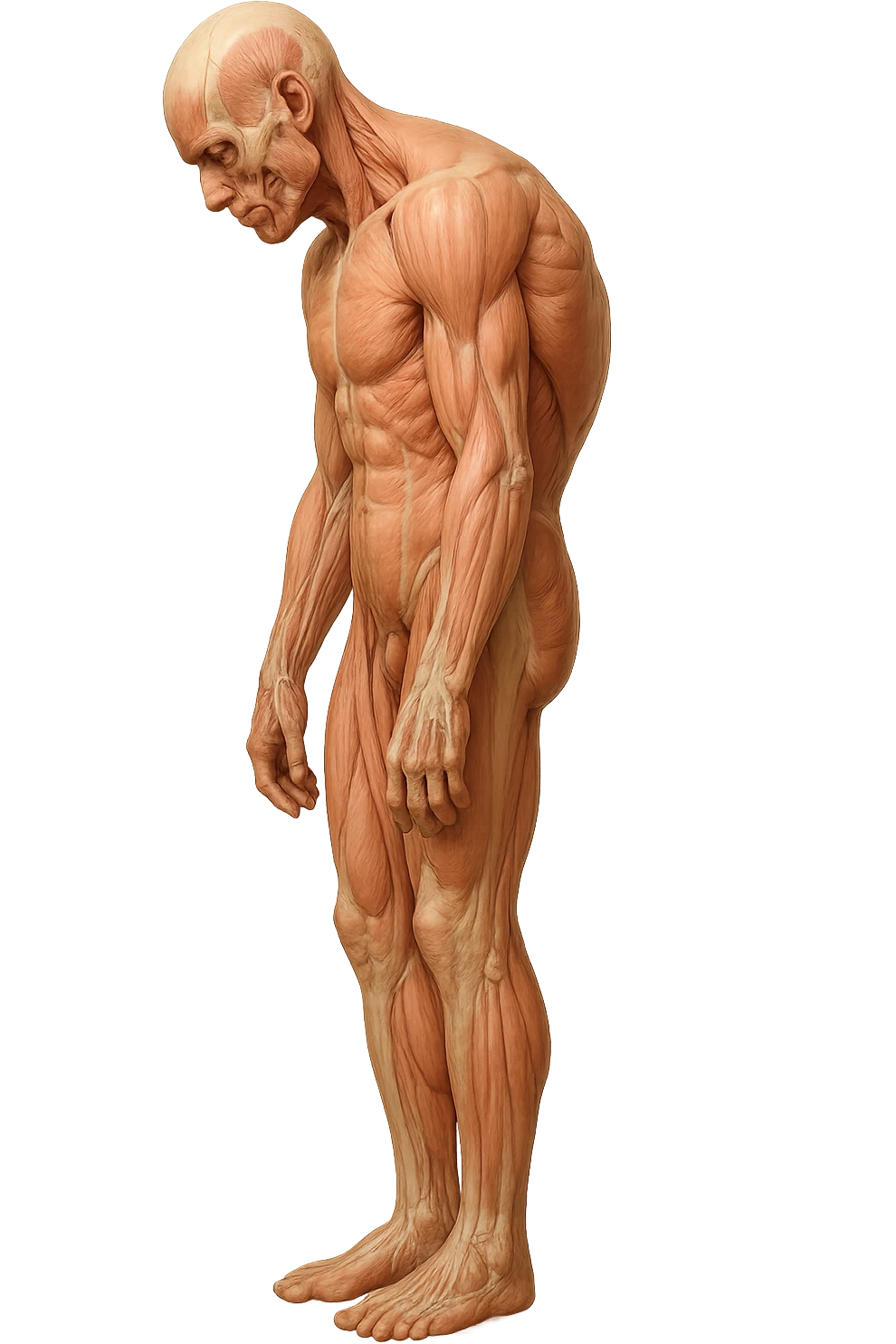 corpo umano anatomico realistico leggermente curvo con la schiena e le spalle che puntano leggermente in avanti, postura delle spalle chiuse, isolato su sfondo bianco emoji