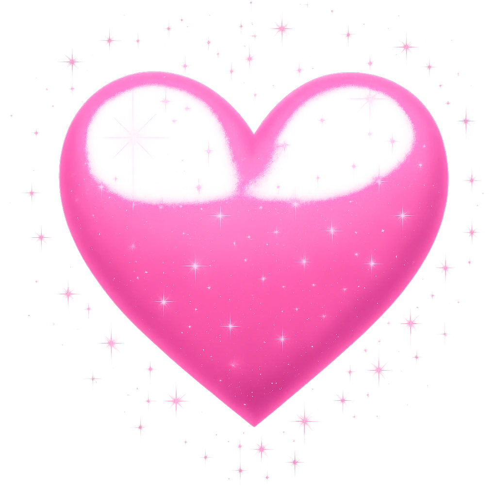 Add bright shine and glow to the pink heart in emoji style with a transparent background, making it look luminous and sparkling. emoji
