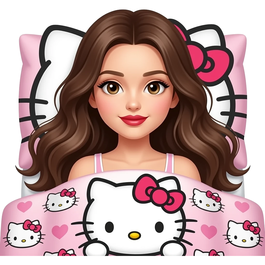 Beautiful girl sexy red lips brunette long hair with hello kitty bed emoji