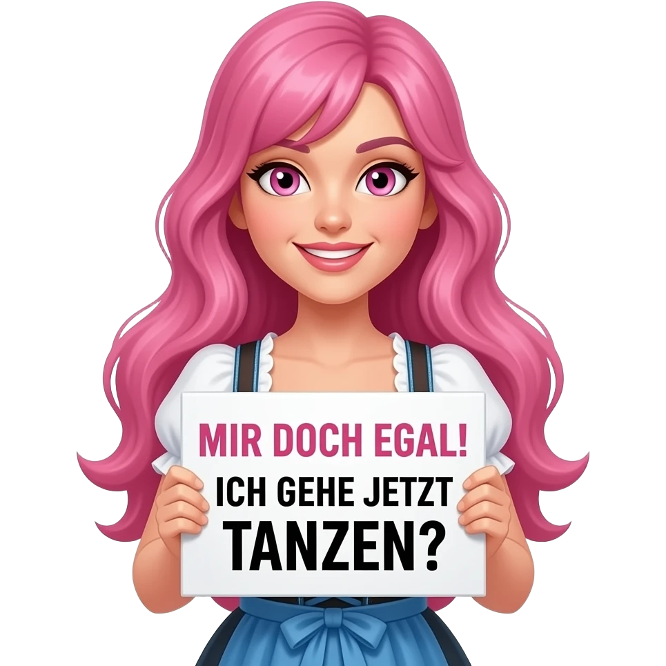 sexy girl with long pink hair and pink eyes wearing a dirndl holding a MIR DOCH EGAL! ICH GEHE JETZT TANZEN! sign emoji