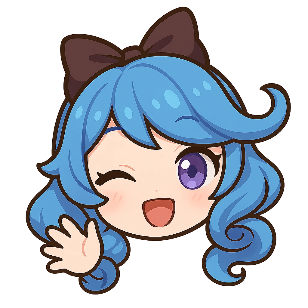Gwen from League of Legends, chibi emote style, only head visible, right eye purple, hi expression, waving hand, eyes open, cute and expressive emoji