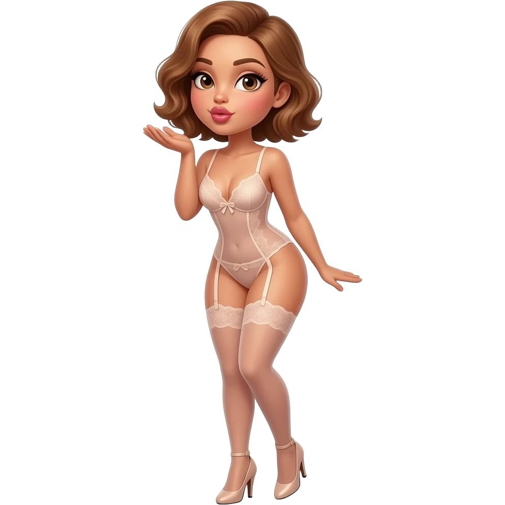 glamours,-tanned,-very-beautiful-woman-with-big-plump-rose-beige-lips,-long-lashes,-honey-silky-very short- hair,-wavy-hair,-hazel-eyes-wearing-nude-lace-lingerie-nude-stilettos-Looks-sexy-winking-blowing-kiss-from-hand-full-body emoji