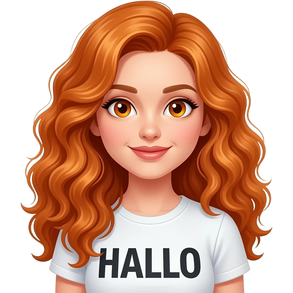 sexy girl with long curly ginger hair and ginger eyes wearing a says HALLO emoji