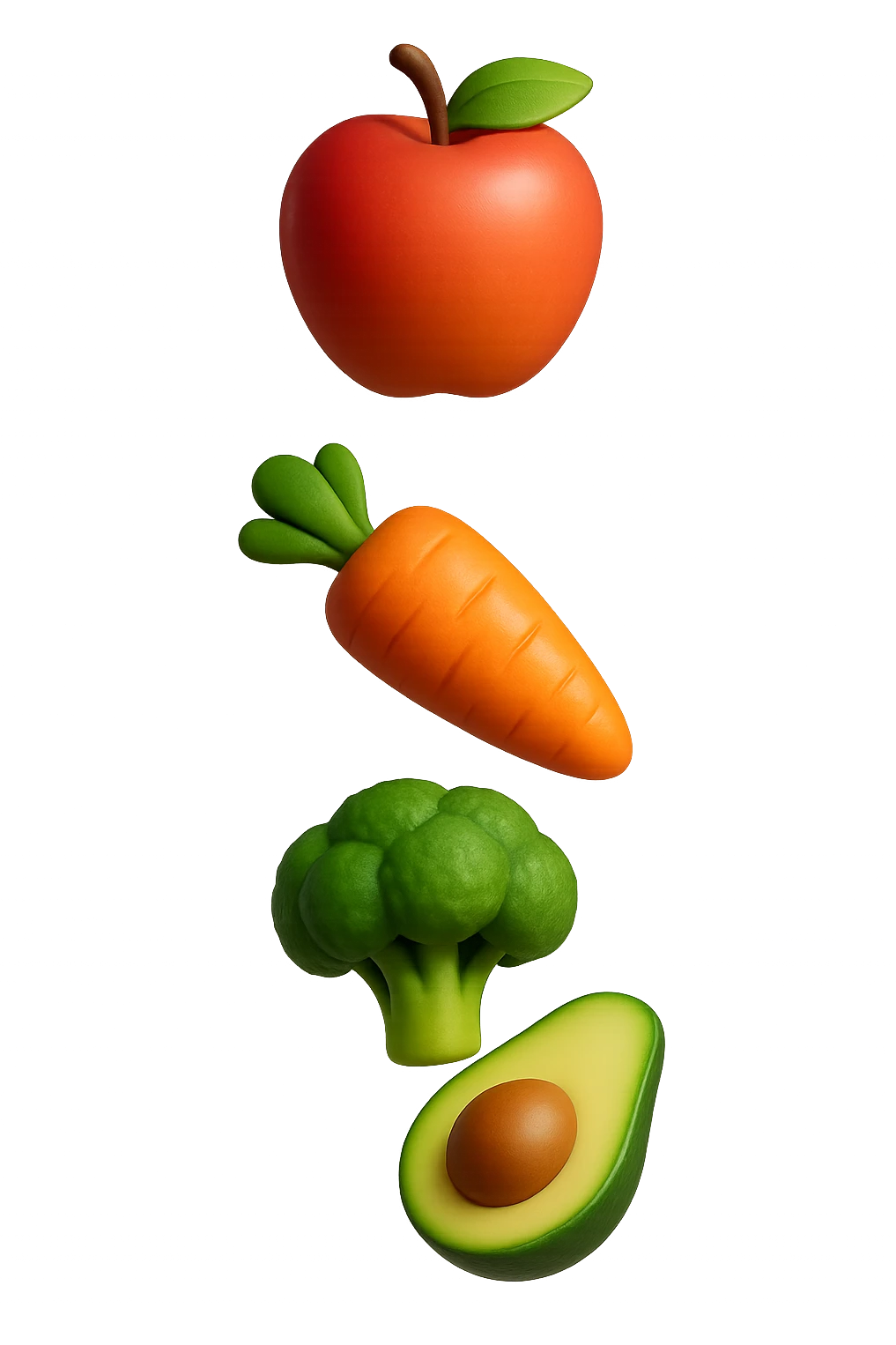 emoji stile iphone in 3d di cibo sano che fluttua in aria vericalmente, iperrealistico 4k emoji