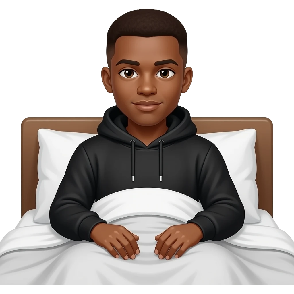 make a black skinned 20 year old man in a brown low taper fade sitting up in he king sized bed under the covers in a black sweatshirt with his hood up on his head emoji