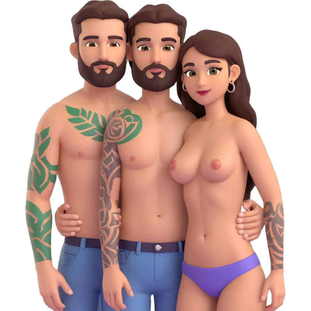 Brown eyed Latina woman with pierced nipples, small breasts and tattoos having sex with a tall white man with green eyes and a beard for Christmas emoji