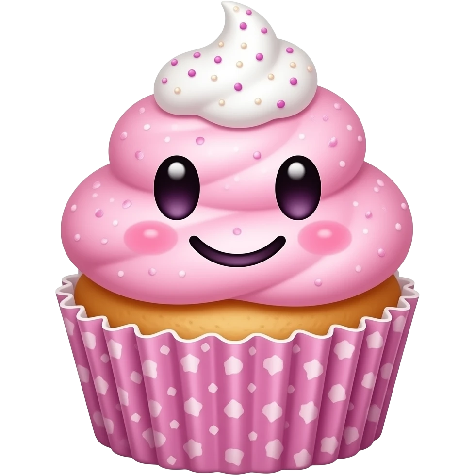 Um cupcake rosa com muito brilho, feliz e sorridente, com um rosto... emoji