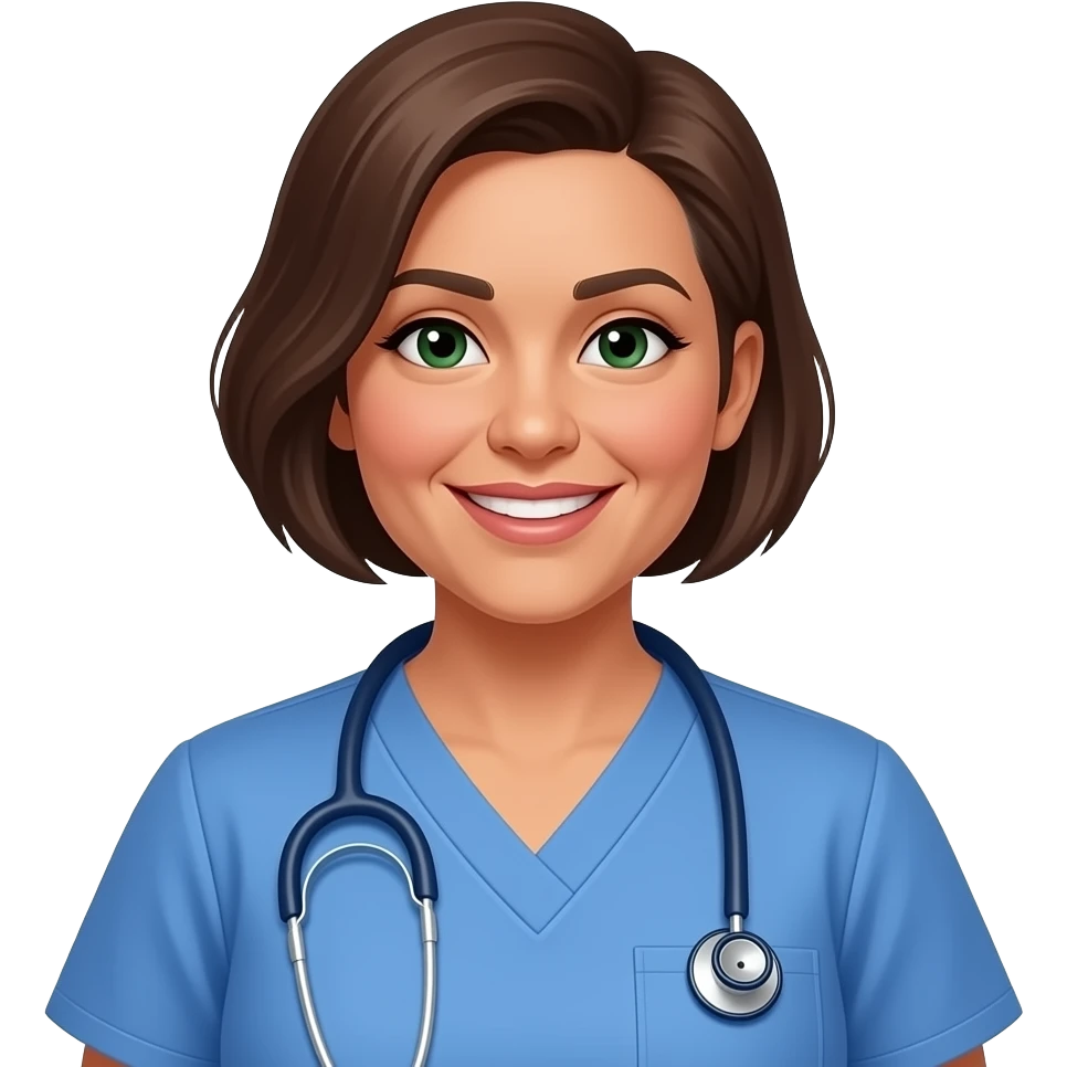 456yr female nurse instructor, dark green eyes, Hispanic, thin eyebrows, mid size lips, long pixie cut hair with one shaved side, 180 pounds, smiling, small nose, wearing blue nurse scrubs, wears a stethoscope, brown hair with almost no white. emoji