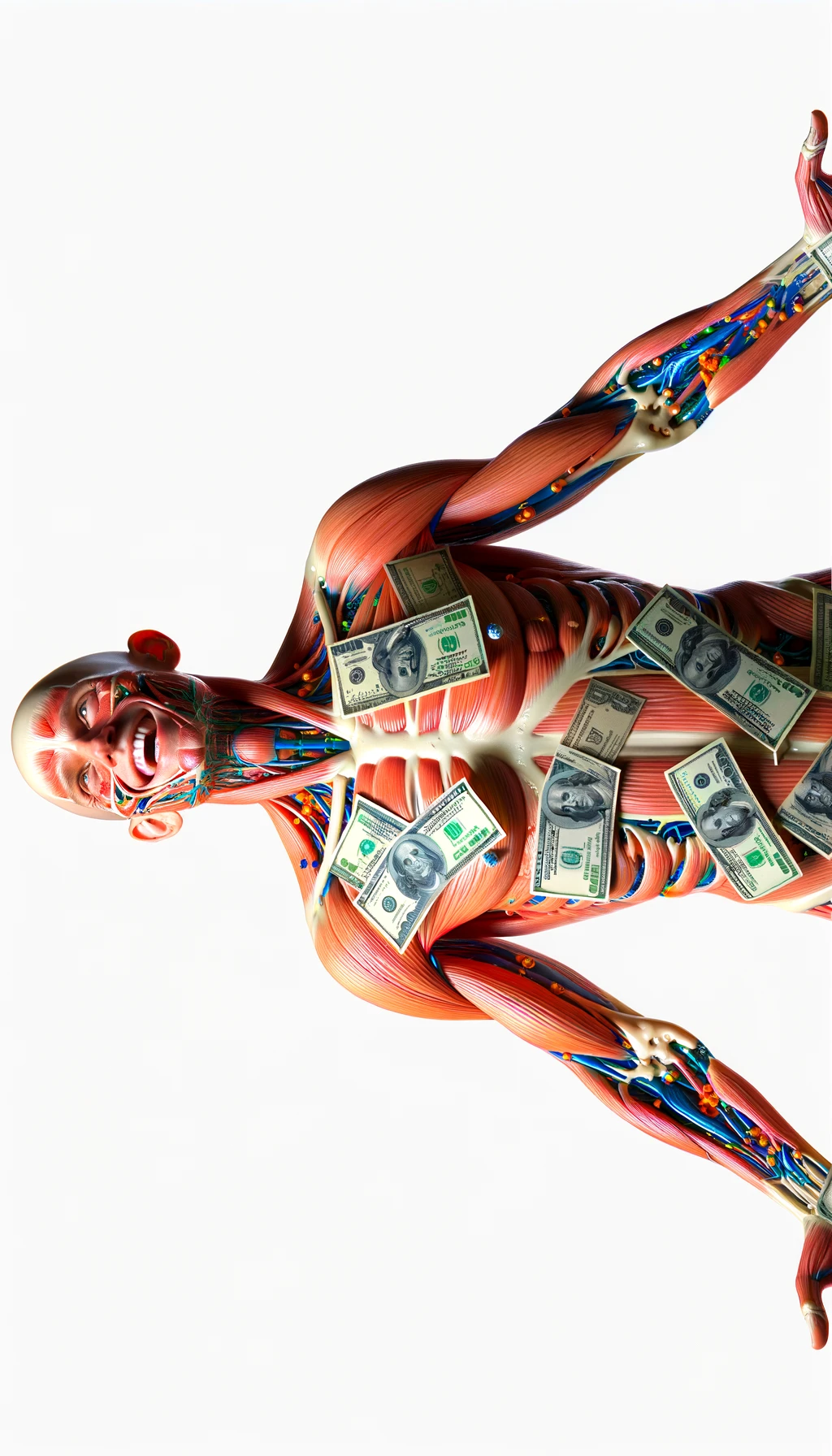 corpo umano anatomico sereno e felice con banconote sparse appiccicate sul corpo, colori realistici del corpo, espressione stupita, iperrealistica 4k, isolato su sfondo bianco emoji