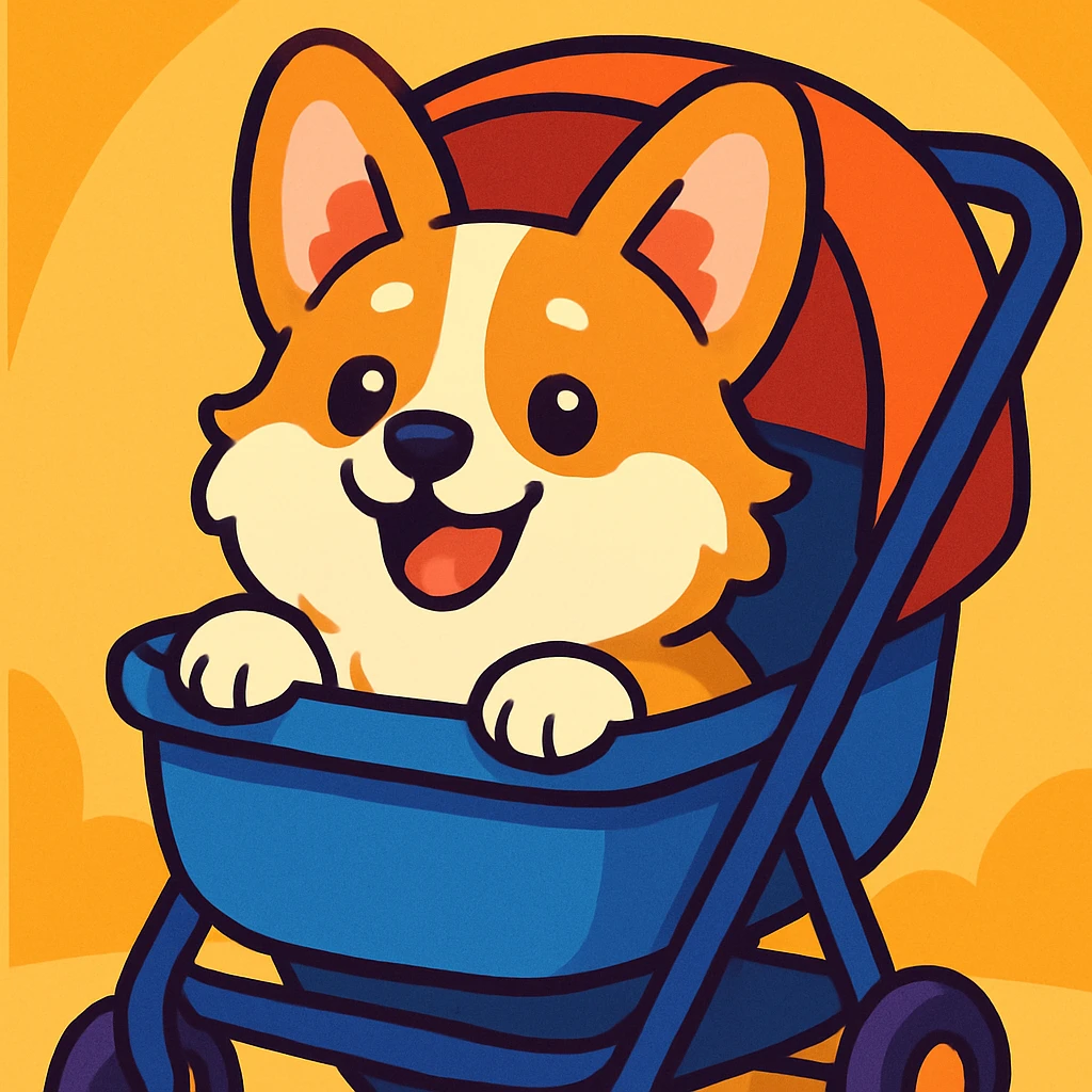 a fluffy corgi peeking out of a stroller, cheerful expression, cartoon style, vibrant colors emoji