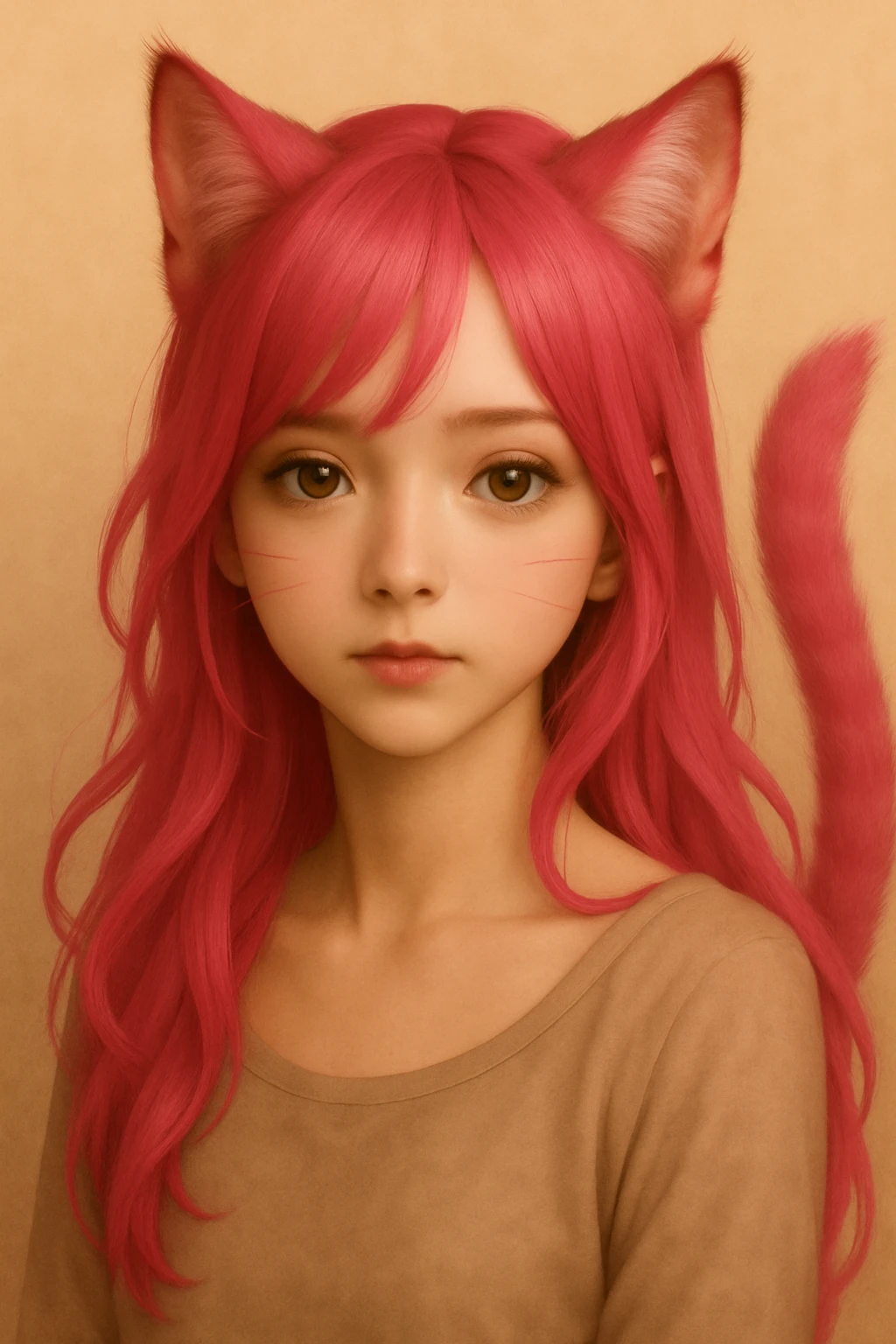 Give the hair vivid pink color, keeping the realistic anime style and pronounced cat-like features, maintaining the original style. emoji