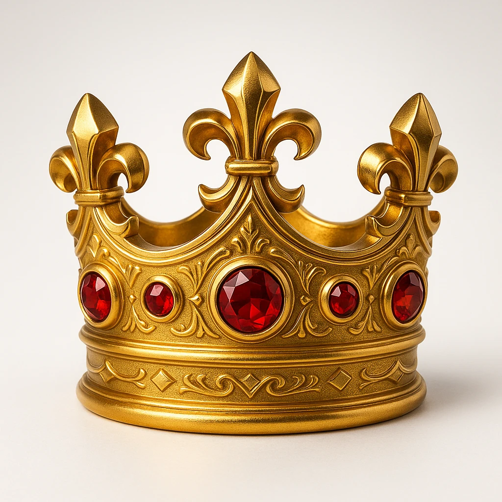 realistic big glowing gold crown with red gems, luxury, sparkling effect emoji