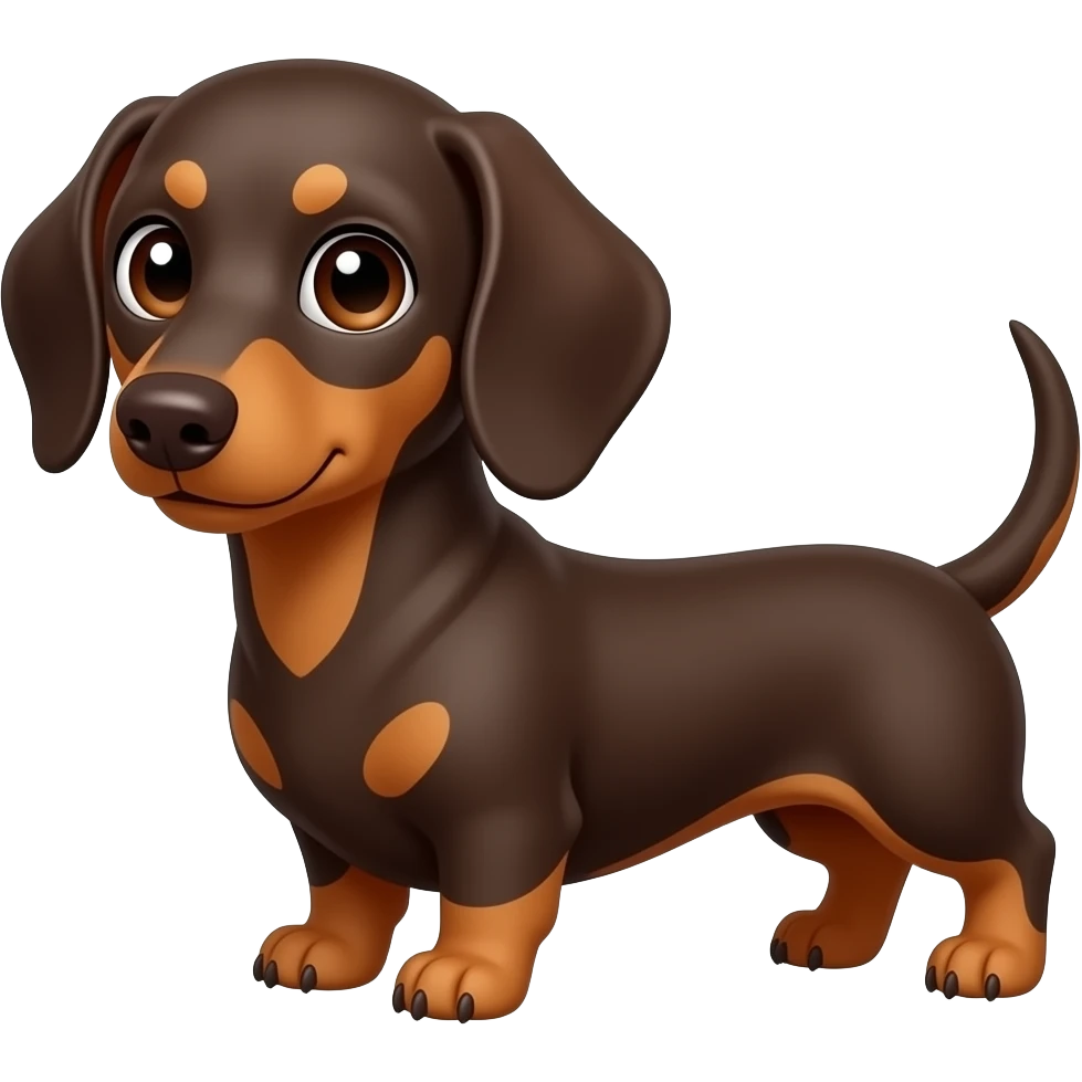 A chocolate and tan dachshund, but with a more dark auburn red color and very faint looking tan points;  big brown colored eyes and a brown nose emoji