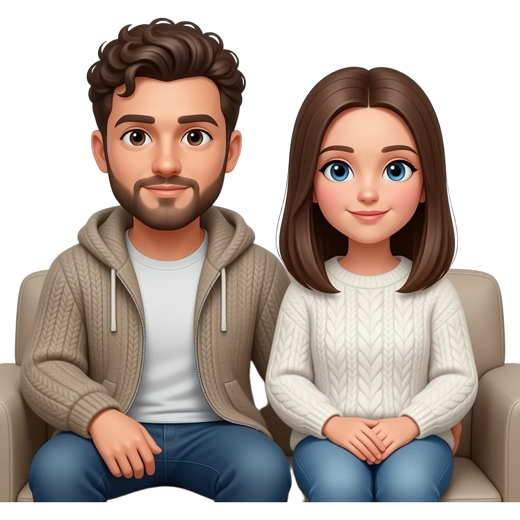 Realistic white man brown super short curly hair with beard being cozy with realistic white girl brown straight hair on couch emoji