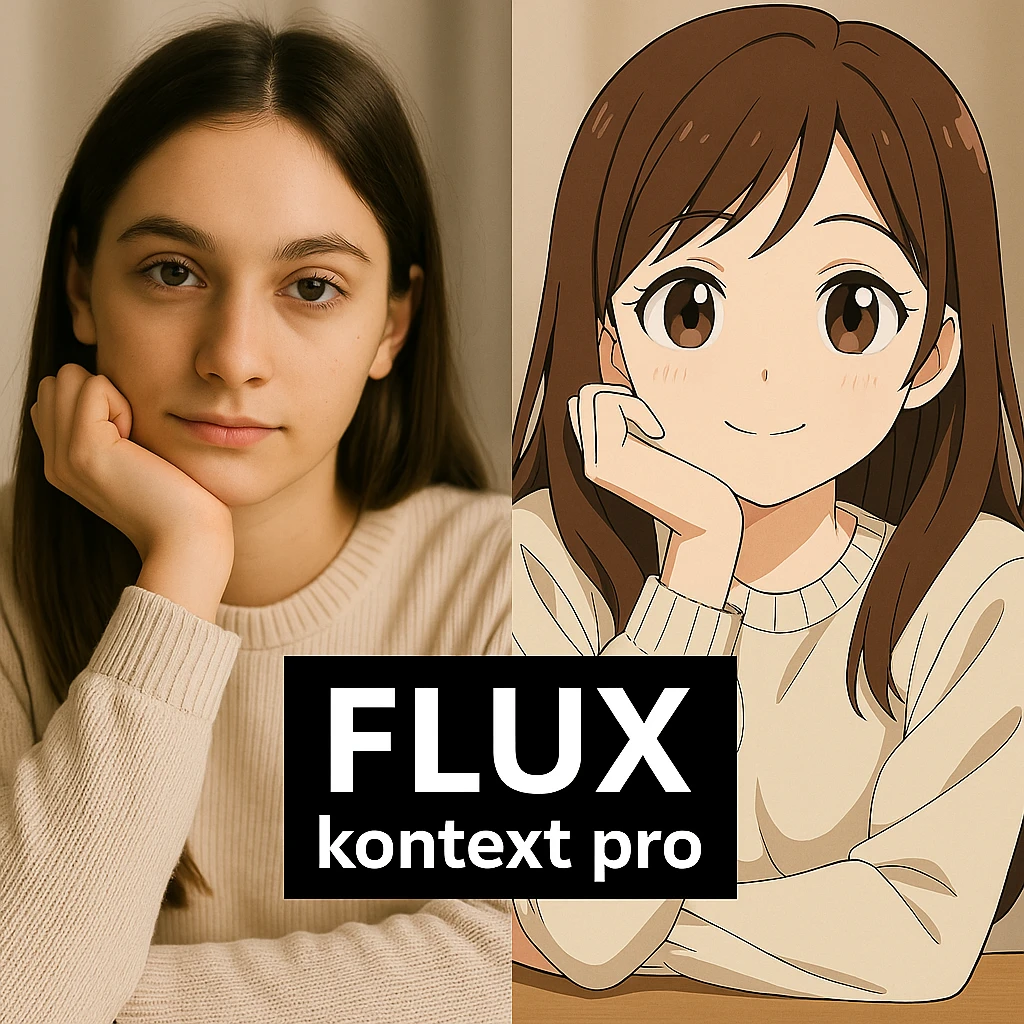 replace the logo with the text of "FLUX kontext pro", keep everything else same emoji