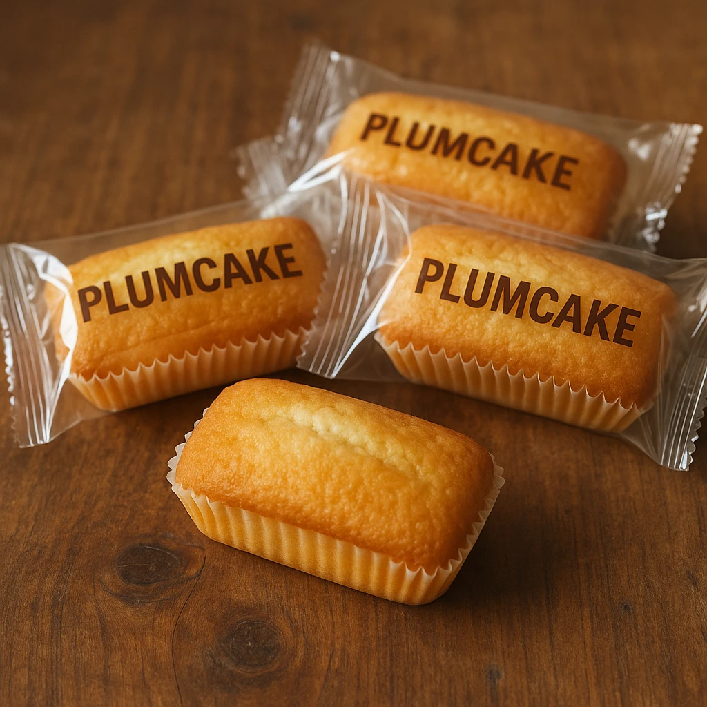 realistic photo of Italian plumcake snacks, plumcake in transparent packaging emoji