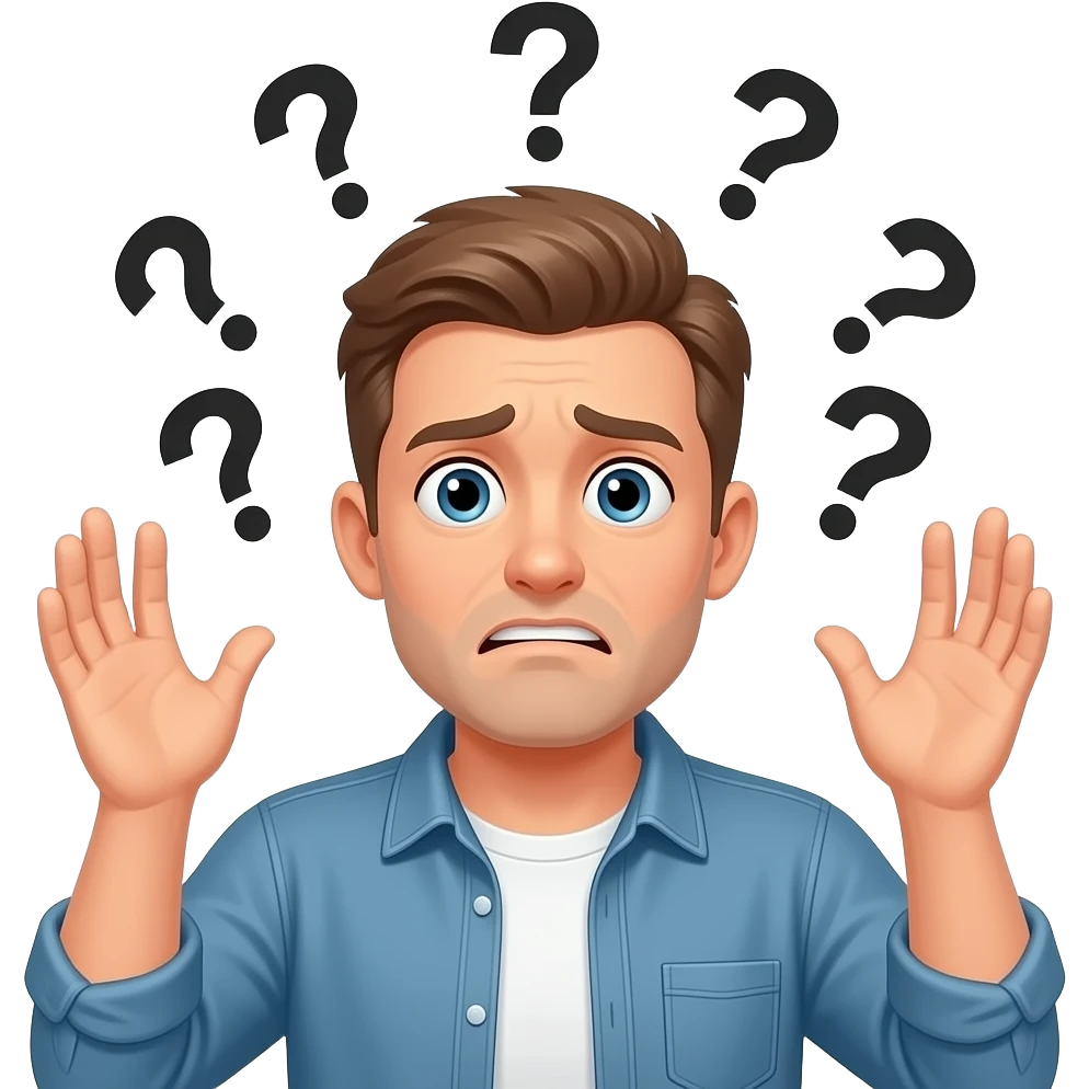 man with light brown hair, confused lost expression, both hands raised up in surrender gesture, shrugging shoulders, question marks floating around head, overwhelmed face, wide eyes, slight frown, casual outfit, emoji