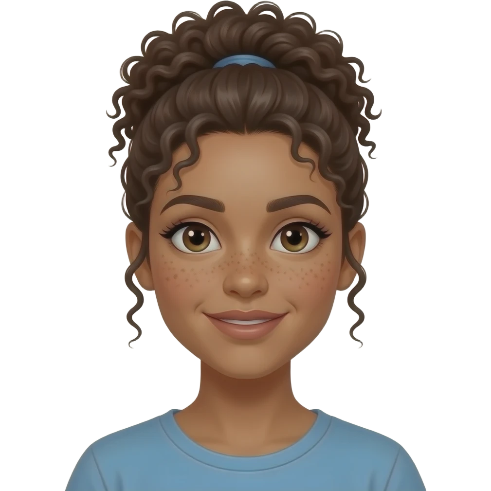 Woman with warm skin and freckles with curly hair tied up emoji
