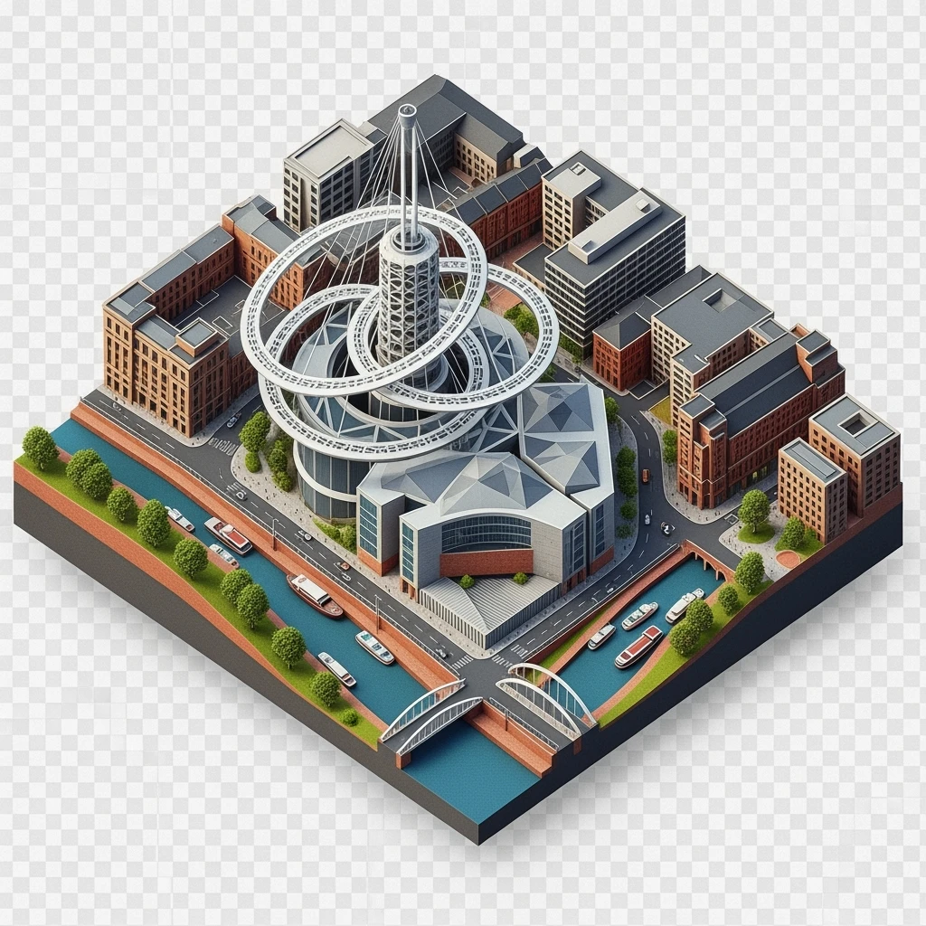Isometric illustration-model of Birmingham, photorealistic the Library of Birmingham with its modern architecture and nearby canals, highly detailed in semi-realistic style, balanced between stylized and realistic, 3D miniature effect, transparent background. emoji