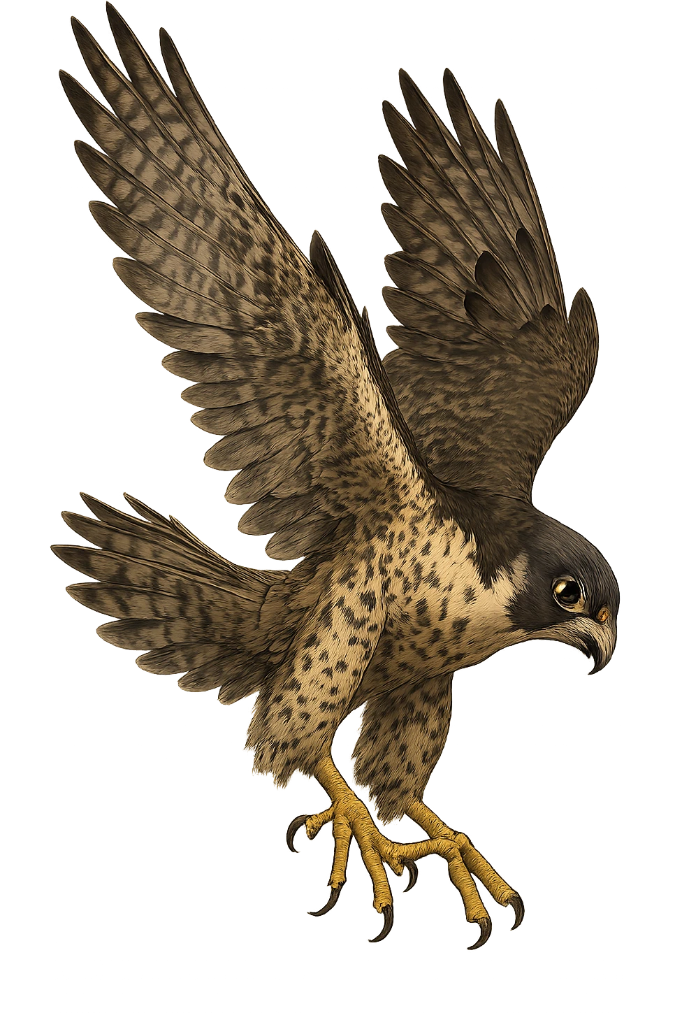 A falcon in mid-fall, wings flared, feathers ruffled, dramatic sense of motion, dynamic pose, no background emoji