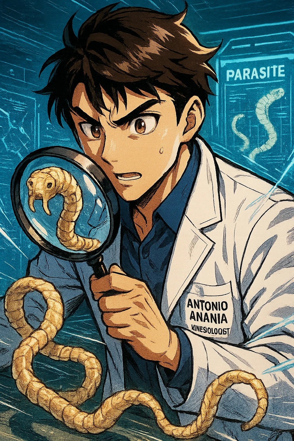 A dynamic manga/webtoon-style illustration of a young male kinesiologist wearing a clean white lab coat, analyzing light beige worms like a tapeworm under a magnifying glass. His expression is focused and slightly intrigued, with sharp, detailed eyes. The art style is vibrant, with bold linework, rich colors, and dramatic lighting. The background is a futuristic laboratory with glowing holographic screens displaying parasite data. The tapeworm is intricately drawn, slimy and segmented, with a slightly exaggerated yet realistic texture. The composition is dynamic, with motion lines or energy effects to emphasize his scientific investigation. The atmosphere is intense but not dark, keeping a balance between scientific seriousness and stylish manga aesthetics, he has "ANTONIO ANANIA" WRITTEN ON WHITE LAB COAT emoji