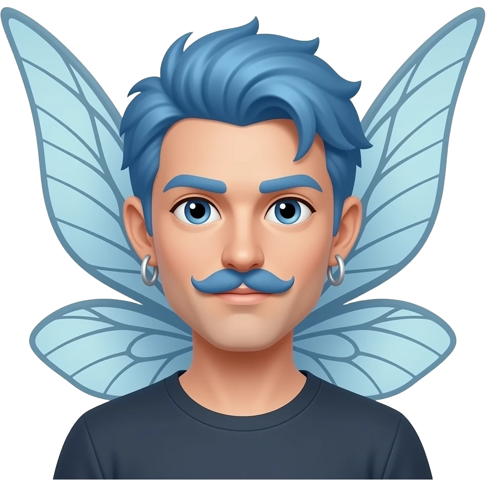 fairy face with very blue hair, man, fairy wings sticking out behind head, and big earrings and mustache emoji