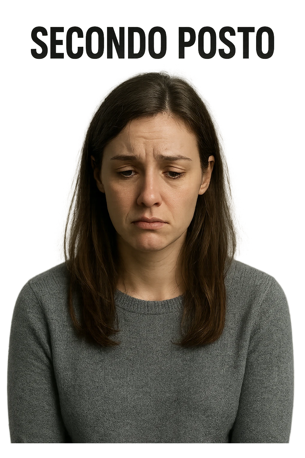DONNA CON LA SCRITTA "SECONDO POSTO" SULLA TESTA, LEI HA L'ESPRESSIONE TRISTE, COME SE FOSSE SEMPRE SECONDA NELLA VITA, iperrealistico 4k emoji