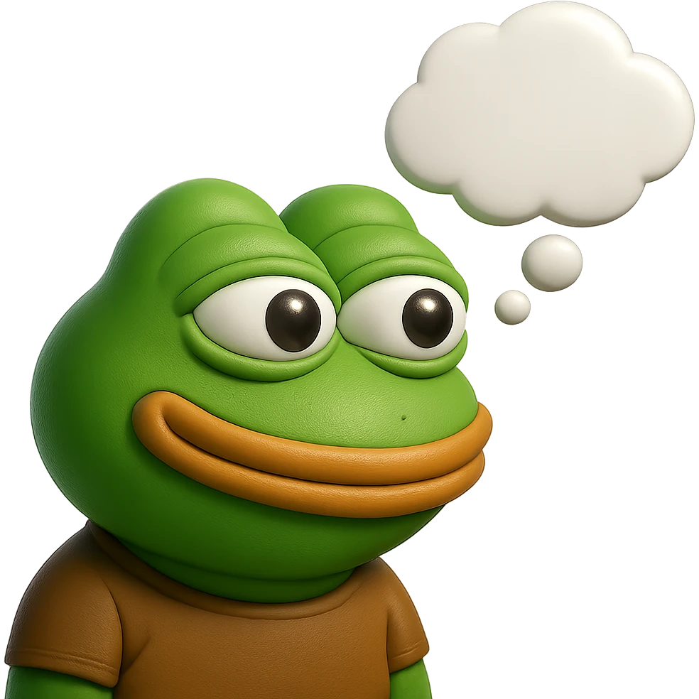 make a pepe in bright green smiling with thought bubble looking at left side in 3d style, good highlights and shadows, drop shadows emoji