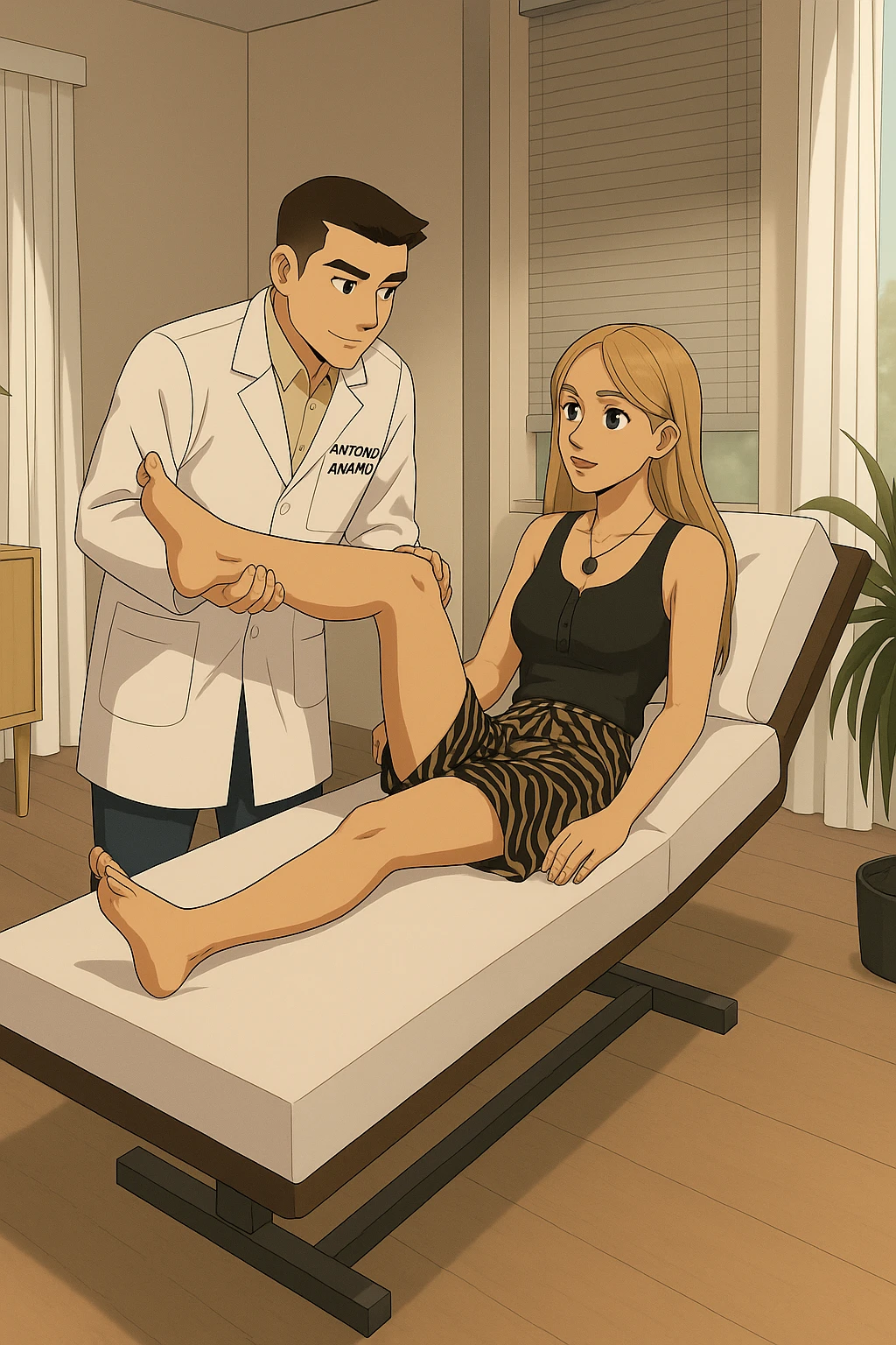 fai un webtoon/manga a colori con questo kinesiologo in camice bianco (fagli la scritta "ANTONIO ANANIA" SUL CAMICE) CHE SVOLGE UN TEST NEUROMUSCOLARE SOLLEVANDO UNA GAMBA ALLA RAGAZZA CHE è STESA SU UN LETTINO BIANCO. STANZA SEMPLICE E MODERNA, DURANTE IL TEST I DUE DIALOGANO TRA LORO. NON FARE I FUMETTI, FAI SOLO LORO COME SE DIALOGASSERO emoji