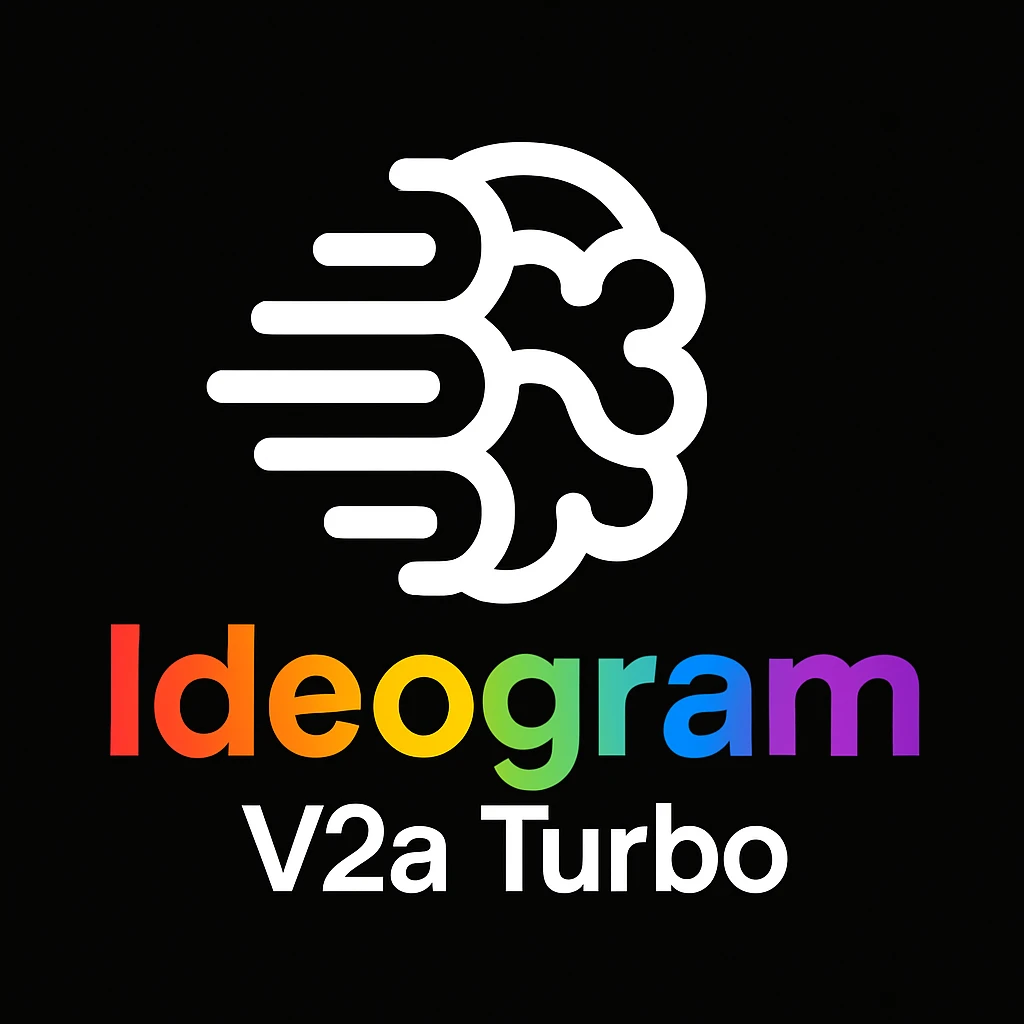 make a non gradient solid but colorful text of "Ideogram V2a Turbo", black background, add this logo too,  emoji