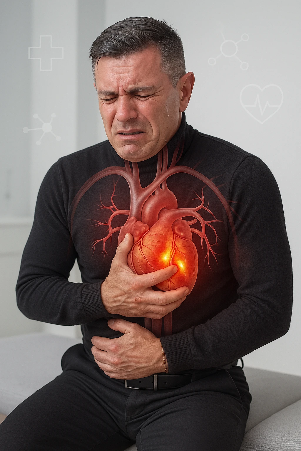 a middle-aged man sits on a bench, clutching his chest with a pained expression. His face is pale and sweaty, and his posture is hunched forward. A transparent overlay reveals his heart and major blood vessels, with highlighted areas indicating blockages or damage. The background is clean and clinical, with subtle medical icons. emoji