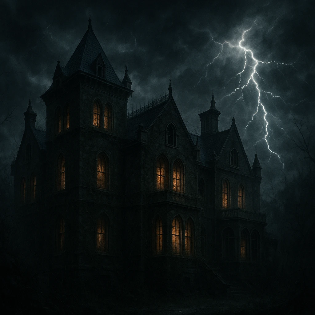 creepy banner, old mansion with flickering lights, overgrown vines, thunderstorm, dramatic lighting, gothic style emoji