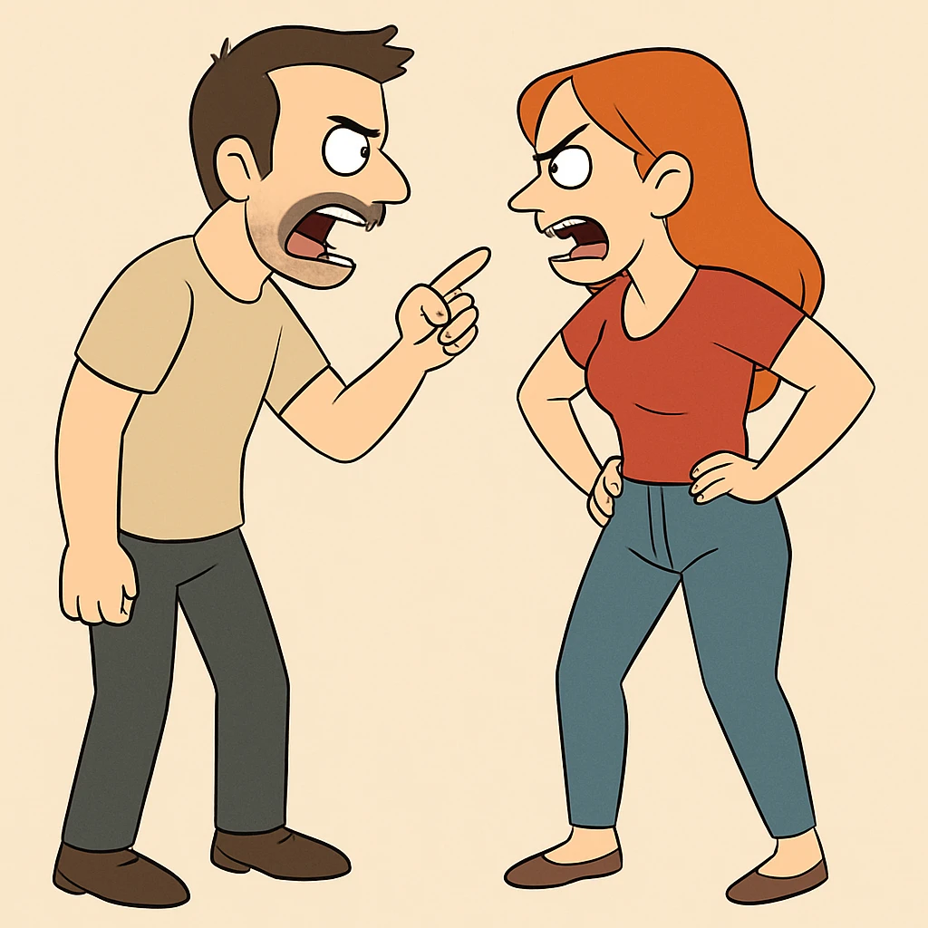 Show the full bodies of the man and woman arguing in this image, keeping the same flat toon style and bold colors. emoji
