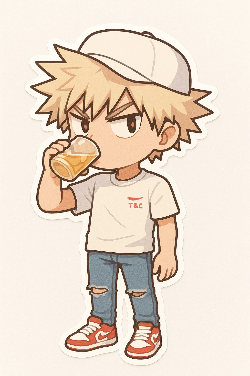 Create a chibi style character inspired by Bakugou Katsuki with cute chibi proportions. The character should wear a white t-shirt, white cap, ripped jeans, and red and white sneakers. Pose the character in a casual stance with spiky blond hair and an expressive face, capturing the essence of the reference images. emoji