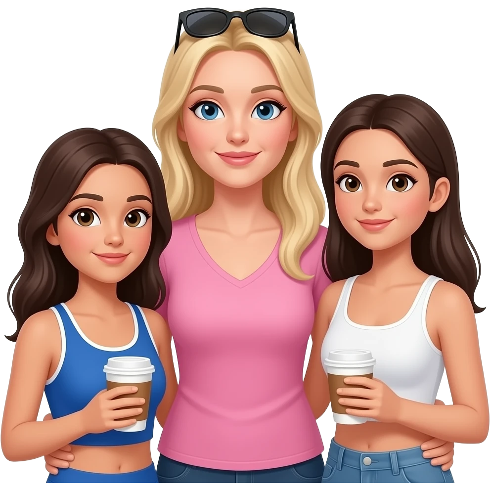 Long Blonde haired Caucasian Mum wearing pink and sunglasses on top of head, with one teenage dark haired daughter wearing cobolt gym gym top and slightly taller teenage dark haired teenage daughter wearing white halter neck top all drinking coffee emoji