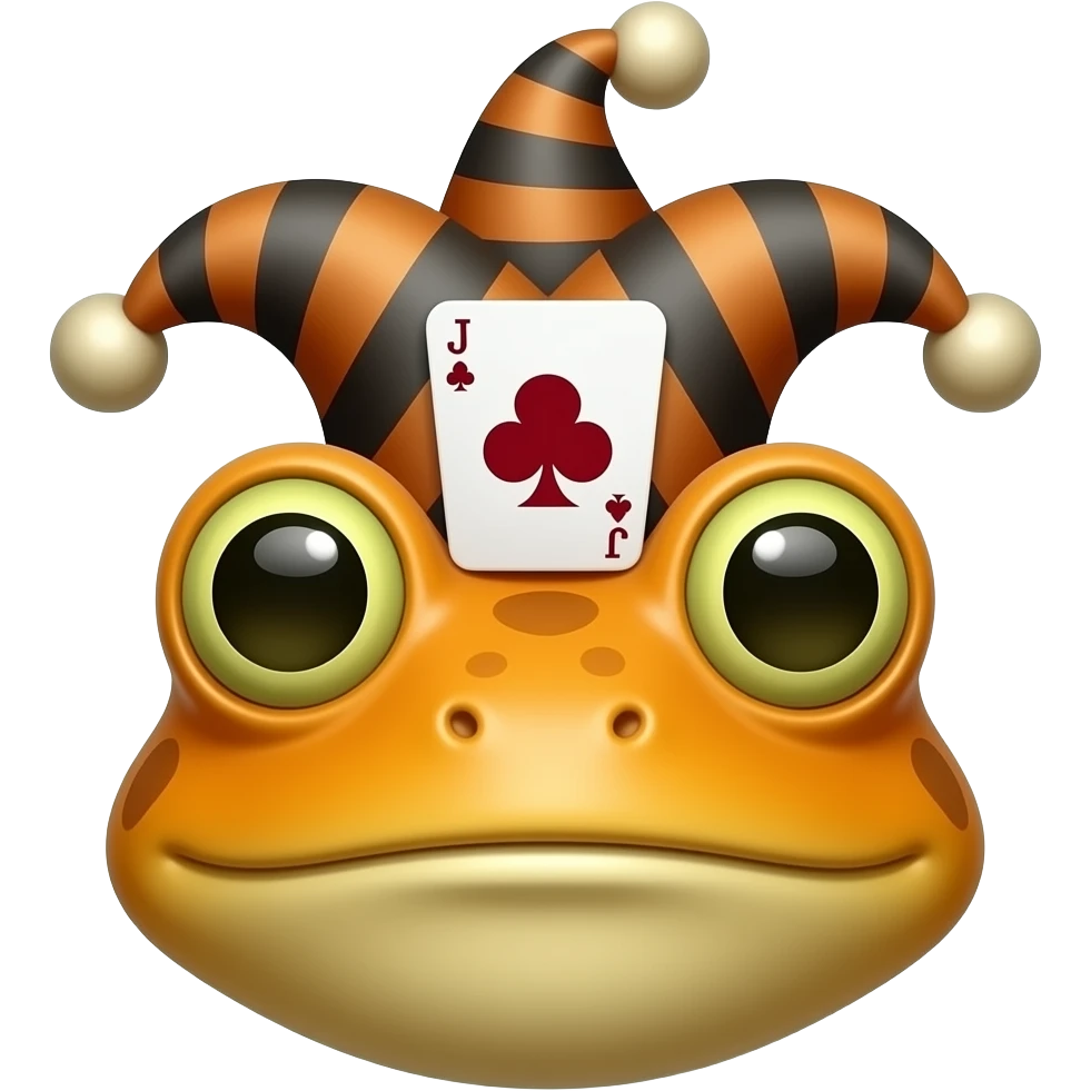 court jester frog medieval, single poker card joker clearly visible, orange, face only, court jester cap emoji