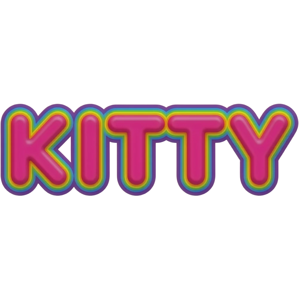 Hello kitty in bright vivid hot pink, in 3d style with all colors of the rainbow as a border outlined around each letter, isolated, 3d rendering, no emoji icons no emoji faces and must have no human figures emoji