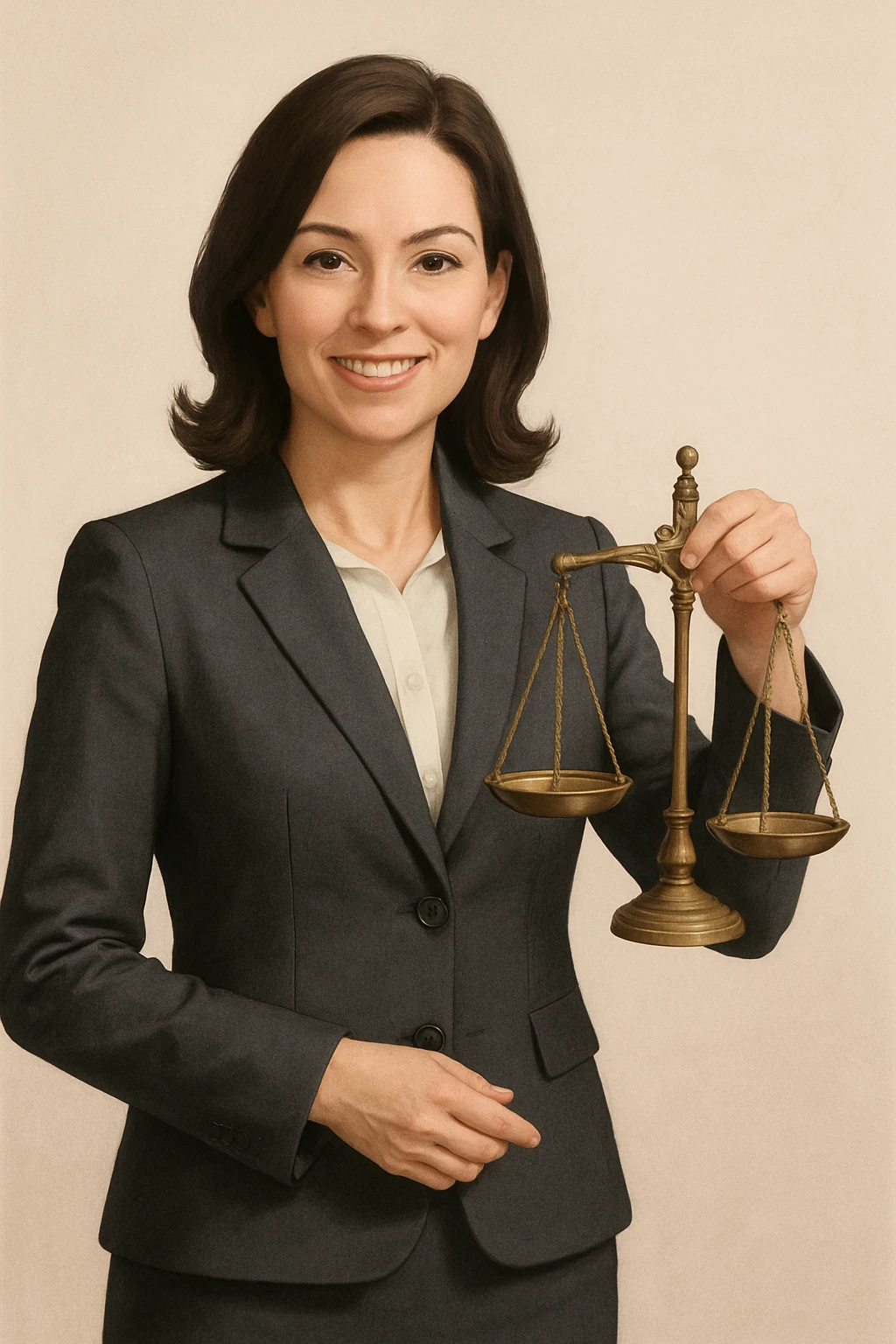 lawyer woman, standing with scales of justice, business suit, smiling, minimal background emoji