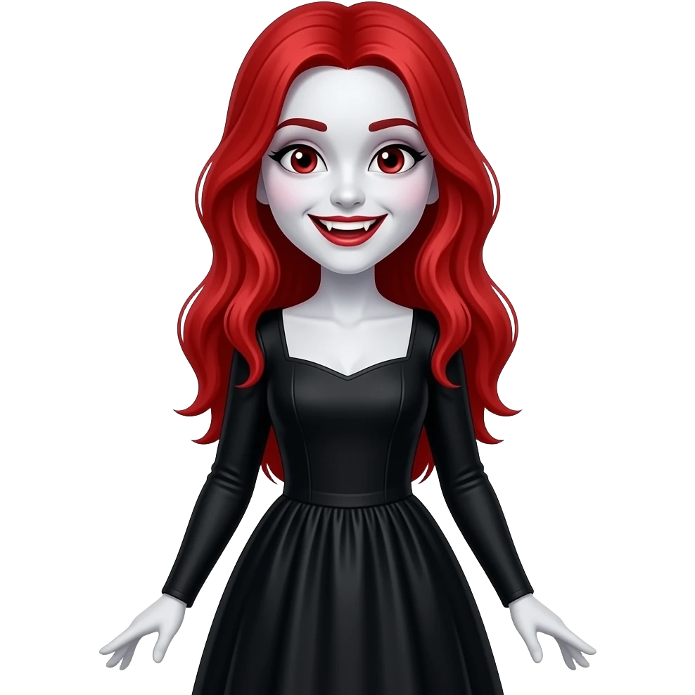 Vampiro femmina ADOLESCENTE con pelle bianca e capelli rossi indossa un vestito lungo nero con le maniche lunghe ed è felice emoji