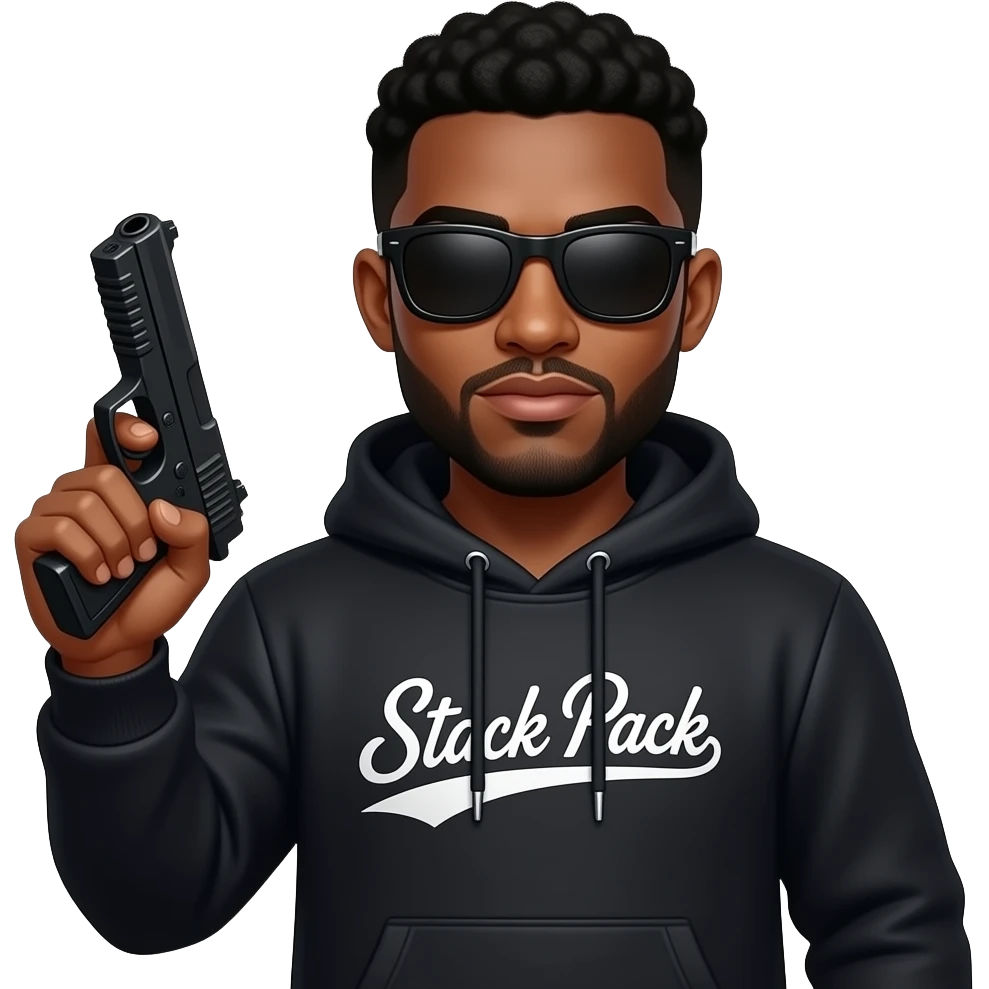 Black guy named Stackpack Louis Vuitton hoodie that says stack pack on it black shades on it with a laser gun make sure the font on the hoodie is cursive emoji