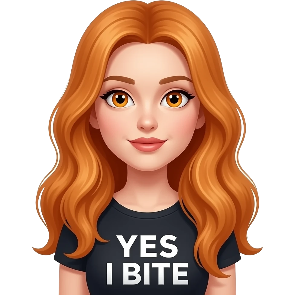 sexy girl with overlong ginger hair and ginger eyes a top with YES I BITE written on it emoji