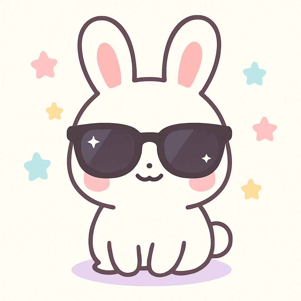 conejo blanco con lentes oscuros estilo RayBan, estilo kawaii emoji