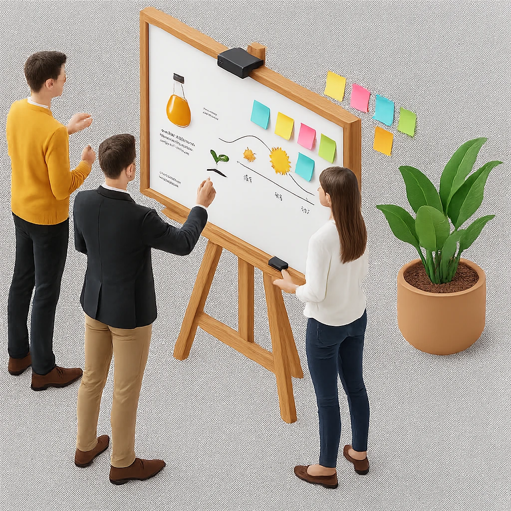 Add colorful sticky notes to the whiteboard in skeuomorphism style with a transparent background. The style should reflect skeuomorphism icon style with realistic shading and depth, maintaining the transparent background as requested. emoji