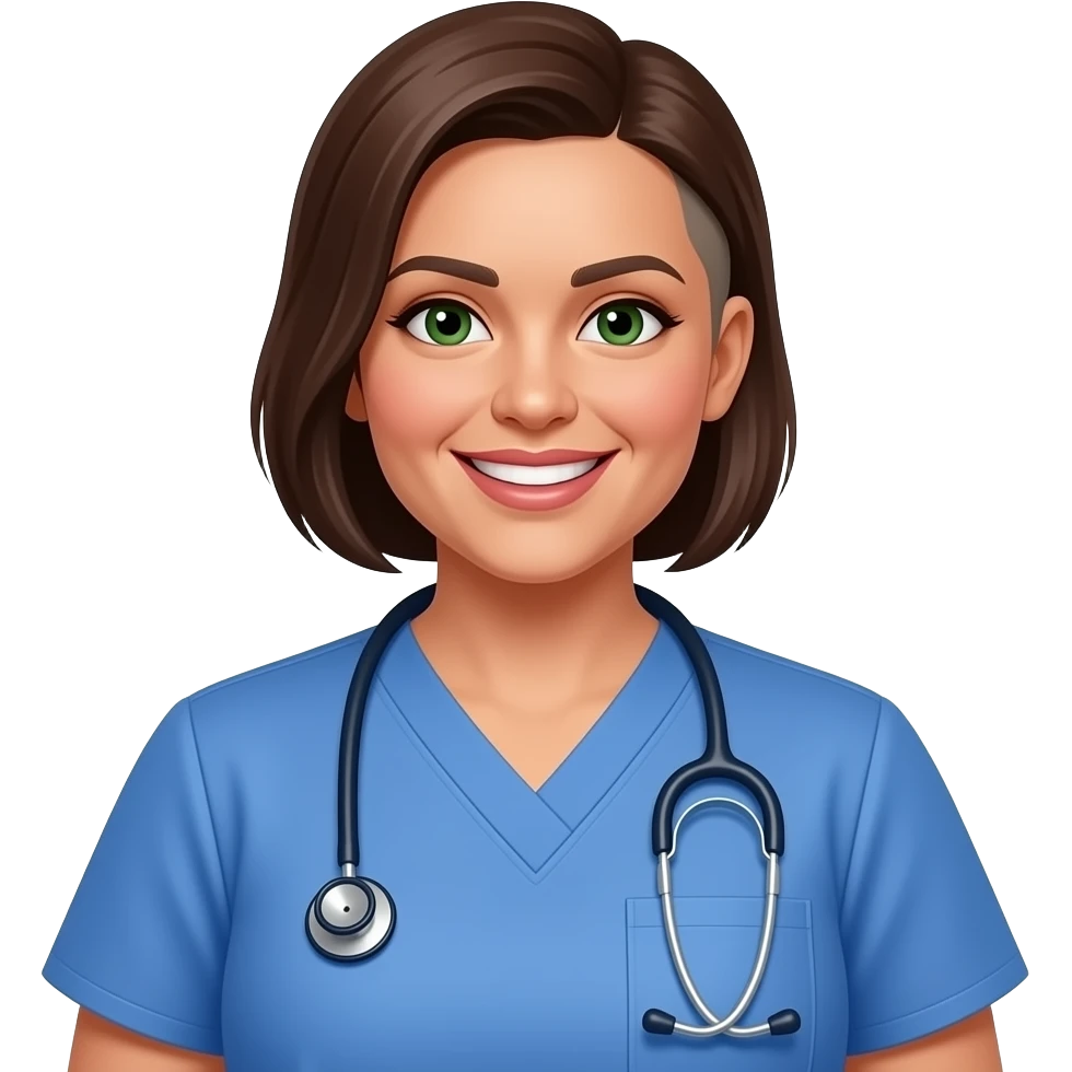 456yr female nurse instructor, dark green eyes, Hispanic, thin eyebrows, mid size lips, short hair with one shaved side, 180 pounds, smiling, small nose, wearing blue nurse scrubs, wears a stethoscope, brown hair with almost no white. emoji