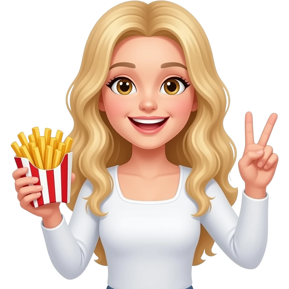 Blonde teen crimped straight hair middle part long holding french fries in a stripped red and white holder throwing up peace with innocent smile in a long sleeve white top with a square neck emoji